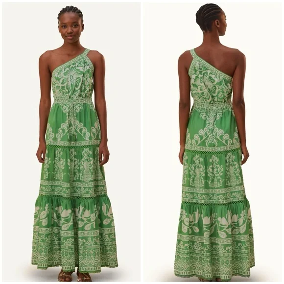 Farm Rio Green Sweet Garden Botanical Tiered Eyelet Maxi Dress Farm Rio Green Sweet Garden Botanical Tiered Eyelet Maxi Dress